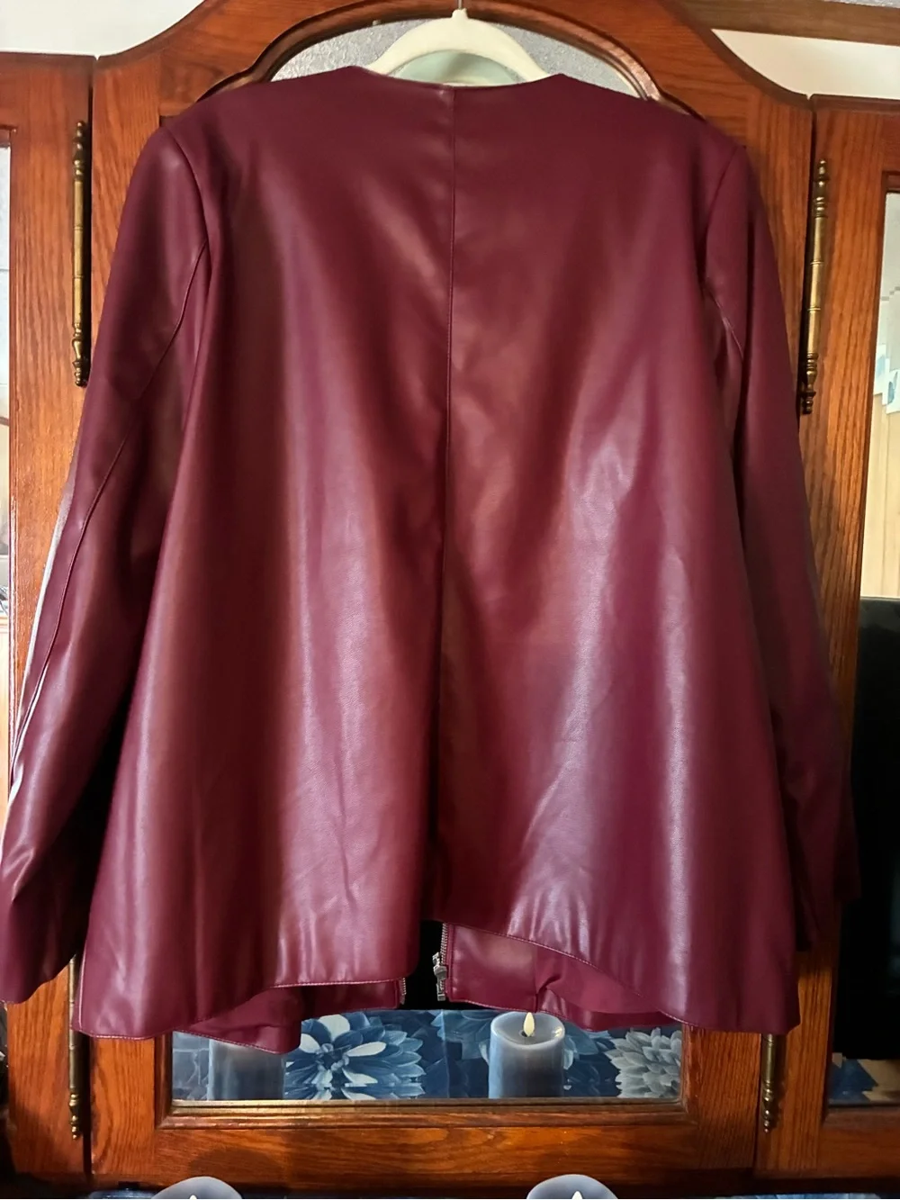 Susan Graver Burgundy Faux Leather Laser-Cut Zip Jacket